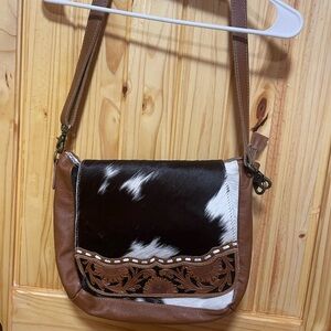 Brown and White Leather Shoulder Bag cow hide